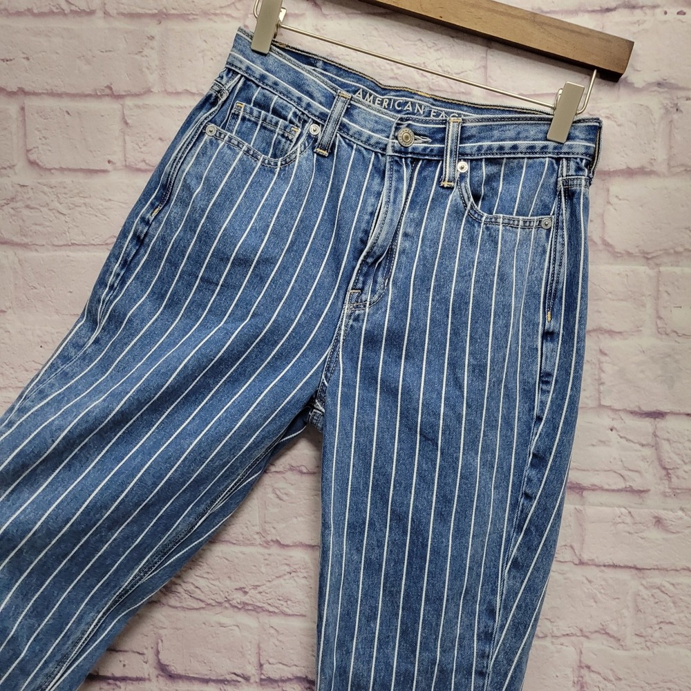 American Eagle Pinstripe High Waisted Mom Jeans Sz 0 Denim Retro Streetwear - Picture 5 of 10